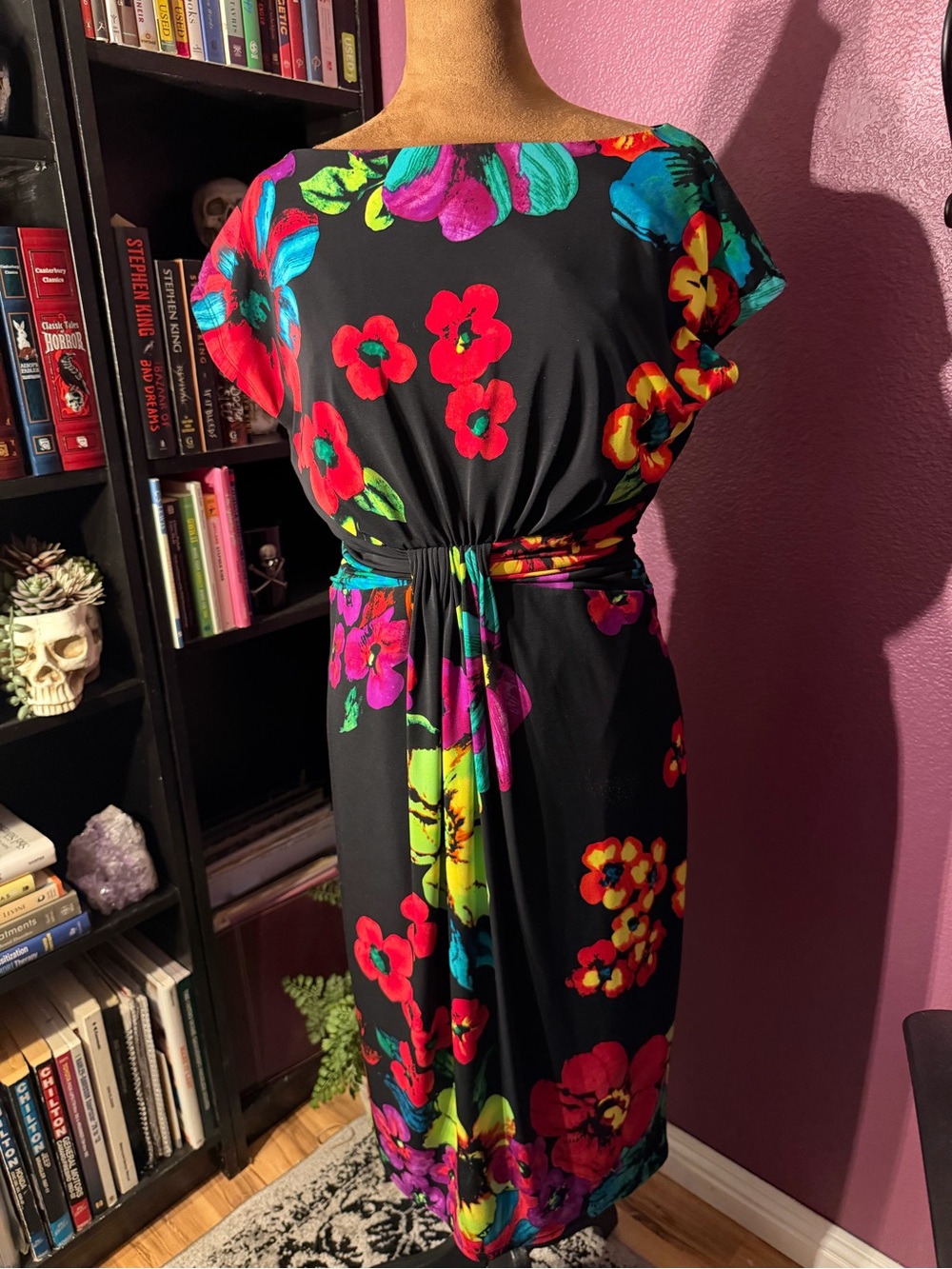 Floral faux Tie-Waist Black Dress with Multicolor Blooms